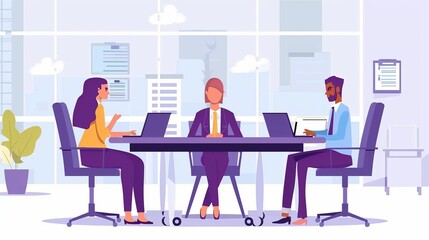 Business concept, HR employee talking with candidates. Hiring department, recruitment, negotiation, and introduction with future workers, linear flat modern illustration.