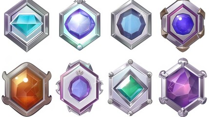 Wall Mural - In game level metallic badges and banners. Isolated metal award frames, trophy achievement, winner appreciation, or user experience. Modern icons.