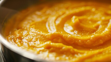 Wall Mural - Close-up capture of rich sweet potato soup adorned with finely crushed cashew, inviting a taste. 