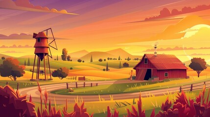 Wall Mural - An agricultural field at sunset with a windmill, a water tower, and a farm barn. Modern illustration of rural landscape of farmland with woods, roads, and trees.