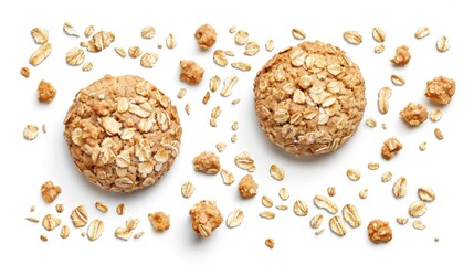 A top view of some oatmeal cookies, whole and cracked crumble biscuits isolated on white background. This is a realistic 3d modern illustration of homemade round crunchy cakes, sweet bakery, cereal