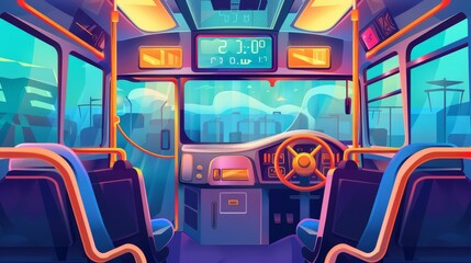 School bus interior with driver inside. Empty seats in comfortable public transport, man on the wheel, digital screen with destination. Transport of passengers. Vector.