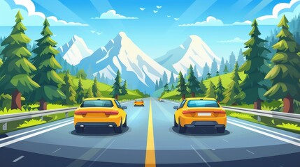 Cars driving at highway rear viewpoint, automobiles riding along asphalted road with trees by sides and mountain scenery under blue skies, travel to national park, cartoon modern illustration.