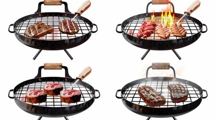 Wall Mural - Steel grate for grilling meat, cooking barbeque, steaks and sausages on fire, modern realistic set isolated on white background.