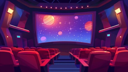 Wall Mural - A movie theater, cinema hall with wide screen and rows of red seats. Empty interior with galaxy and planets screen, chair backs and illumination. Cartoon modern illustration of a movie theater.