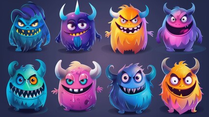 Poster - Spooky mascots with toothy muzzles, horns, and fur, cartoon funny characters, aliens, strange animals and Halloween creatures. Modern illustration.