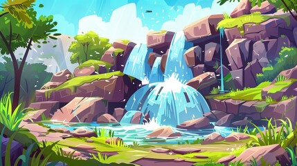 Wall Mural - Modern cartoon illustration of a summer landscape with cascade waterfall on rocks. Water falls from rocks into a river, brook or stream.