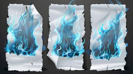 Wall Mural - Blue fire and black scorched edges on burning white paper sheets. Illustration set with smoldering blank pages and magic flame isolated on transparent background.