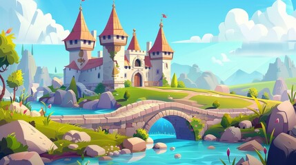 Canvas Print - Decorative medieval castle with bridge over river, stones, green grass and mansion with turrets in summer countryside. Modern cartoon illustration of summer countryside with river, rocks, and green