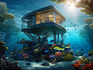 Wall Mural - Underwater tourist house aquarium, hotel room waterproof, diving attraction