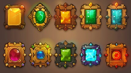 Wall Mural - A cartoon set of square golden game rank frames isolated on a golden background. The illustrations feature nameplates, gemstones, and shiny forged iron ornaments. A user interface design element