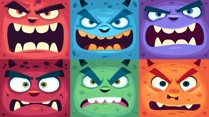 Wall Mural - An illustration of cartoon monster faces. Abstract avatars with different expressions. Cartoon portraits with angry, happy, crazy, and laughing faces.