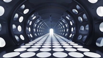 Wall Mural - Tunnel interior in perspective view. Abstract futuristic architecture, contemporary gallery hall or corridor with black circle walls. Modern illustration.