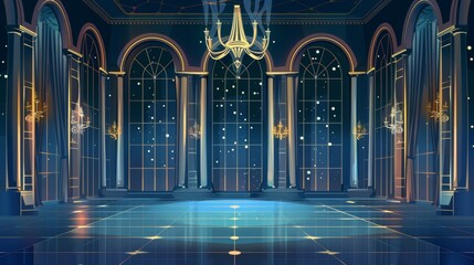 Poster - The interior of a dark royal palace with large windows, many stars on the midnight sky, a sophisticated floor, marble pillars, and golden chandeliers. Vintage museum gallery interior design.