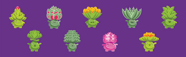Wall Mural - Cute Funny Plant Character with Fantasy Succulent and Cactus Vector Set