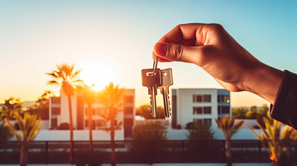 realtor's hand with keys to house for beach holiday in hot tropics with palm trees. hotel reservatio