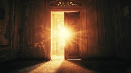 Wall Mural - Image of an open door emitting a bright, glowing light into a dark room.