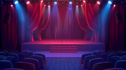 Wall Mural - Decorative modern illustration of concert hall interior, wooden scene with velvet drapes illuminated with floodlights. Cartoon theater stage with red curtains, spotlights, and rows of empty seats.