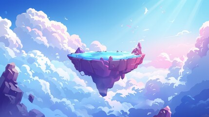 Canvas Print - Runner and jump videogame illustration with cloudscape. Cartoon blue heaven sunny and cloudy scene. Abstract 2d landscape for outdoor arcade use.