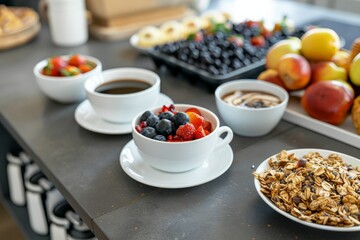 Professional Photography of a coffee break with healthy snack options, such as fresh fruit and granola bars, promoting wellness, Generative AI