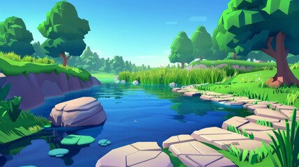Wall Mural - A summer landscape with a cartoon river running through a forest. A lake shore framed by a beautiful view of nature and the path. Wildlife atop the stones and lawn along the riverside coast area.