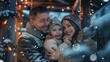 © Антон Сальников - Father embraces his wife and holds her daughter in a happy family portrait in the falling snow. The locals enjoy a winter holiday in their picturesque house decorated with garlands in their backyard