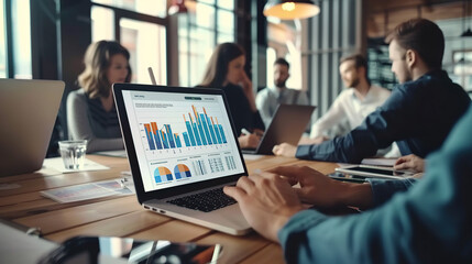 Analysts in the workplace are studying financial data for marketing strategy at the workspace, and there is a stack of BI dashboard paper format with graphs and charts, generative ai