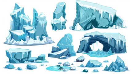 Wall Mural - Arctic icebergs pieced together - blue glacier peaks shaped like an arch for north polar or antarctic landscape. Cartoon modern illustration set of ice mountains and rocks floating in seas and