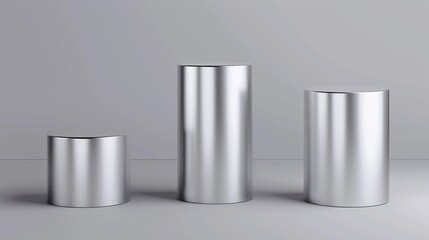 Poster - A realistic 3D modern illustration set of grey metal round stands for displaying goods. Geometric pillar platform mockup for awarding winners.