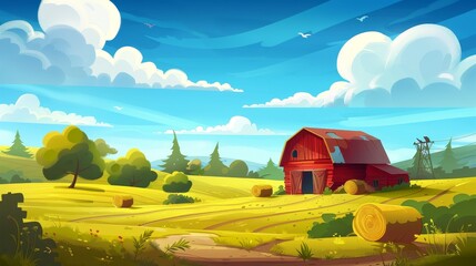 Wall Mural - An agricultural house on a meadow with a red wooden barn, hay bales, and a water well on a cartoon farm landscape. Modern illustration.