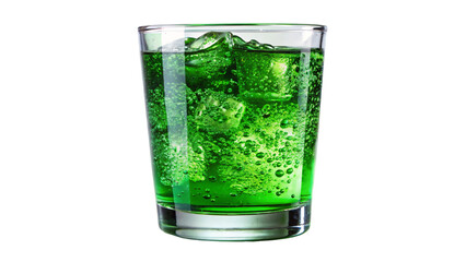 A clear glass filled with green soda with ice cubes floating inside