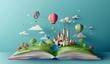 © SH Design - A book with open pages that form the shape of a fairy tale world, with hot air balloons and castles floating in it.