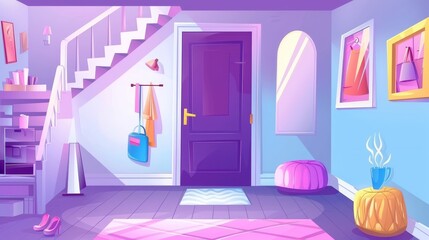 Wall Mural - This cartoon modern shows a house hallway interior with a door, arch, furniture and accessories. A closet, a hanger, a pouf, and a mirror are among the items you will find with the hallway.