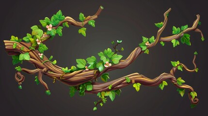 Wall Mural - This is an illustration of a twisted liana branch with green leaves and flowers. A cartoon modern illustration of a jungle long tangled climbing plant vine with foliage. A creeper ivy tree trunk with