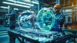 © Антон Сальников - Diverse team of automotive engineers construct a 3D model of a high-tech electric engine turbine using augmented reality holograms. Manufacturing of futuristic automaton arms.