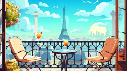 A view of the Eiffel Tower from a big balcony or roof top, with a cocktail on a table and some chairs. A cartoon modern illustration of a romantic holiday in Paris. A french cafe terrace in the