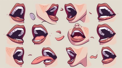Wall Mural - Cartoon modern illustration set of young female character face with different positions of lips and tongue during speaking and pronunciation of English alphabet for animation.
