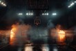 © SH Design - a basketball court in the middle of an arena, flames around it, spotlights shining down on the floor, smoke filling up half the scene.