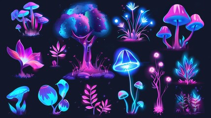 Wall Mural - A beautiful luminous strange garden vegetation in a magical fantasy wonderland. Cartoon modern illustration set of game neon glowing fantastic plants.