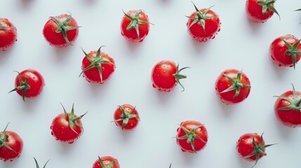 Wall Mural - Bunch of beautiful juicy organic red cherry tomatoes whole & halved on white background. Top view of shiny polished vegetables. Clean eating concept. Vegetarian vegan detox diet. Copy space, flat lay.