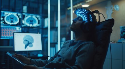 Canvas Print - As a man wearing a Brainwave Scanning Headset sits at his desk while a scientist used a tablet computer to supervise the process, monitors display EEG results and a brain model.