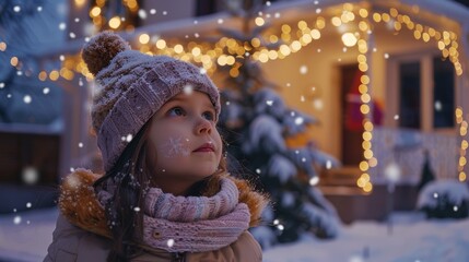 Poster - One winter evening, a cute little girl is enjoying the falling snow as she hangs out in the background of a house decorated with garlands and a Christmas tree.