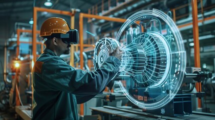 Wall Mural - A factory chief engineer wearing an augmented reality headset designs a prototype of an electric motor on a holographic blueprint. A futuristic virtual design of mixed technology application.