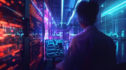 Working on PC with Software Program in Coding Language Interface, IT Specialist in Data Center in Background, Working on Professional Workstation.