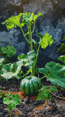 Wall Mural - Close-up of a pumpkin plant in a garden, with bright green leaves