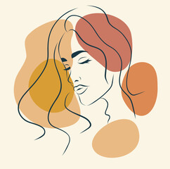 Wall Mural - Vector woman portrait in profile with geometric shapes Memphis style in modern minimalist style. A woman's face in one line. Vector illustration in beige pastel colors for printing