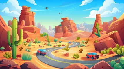 Canvas Print - Cars on asphalt highway with cacti along the route, rocks and golden sand. Roadway landscape with skyline, rocky barren wasteland. Travel trip cartoon modern illustration.