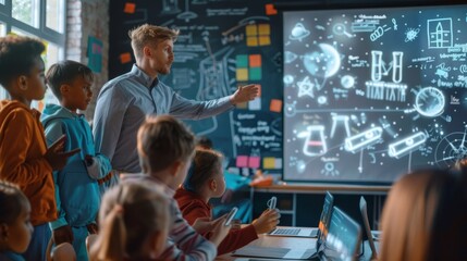 During a science class at an elementary school, a physics teacher uses a digital whiteboard to demonstrate how generators work to a class full of curious children.