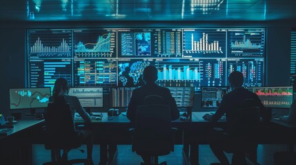 Computer Data Science Engineer Team Work on Desktops Showing Charts, Graphs, Infographics, Technical Neural Data and Statistics. Low Key Control Room and Monitoring Room.