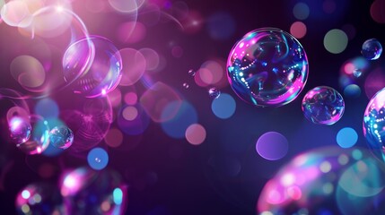 Wall Mural - An abstract background with transparent soap bubbles. Horizontal poster with flying shiny air bubbles and neon light reflections on black background, modern illustration.